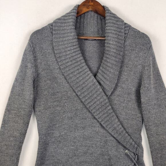 PattyBoutik Shawl Collar Faux Wrap Lace Up Sweater Women L Gray EUC - Picture 4 of 13